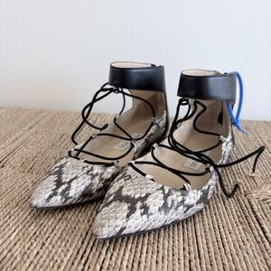 Auth JIMMY CHOO Glisten Lace Up Snake Skin Ballet Flat Shoes US 5.5 EUR 35.5
